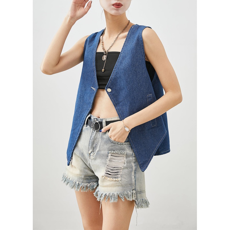 Art Navy V Neck Oversized Denim Vests Fall