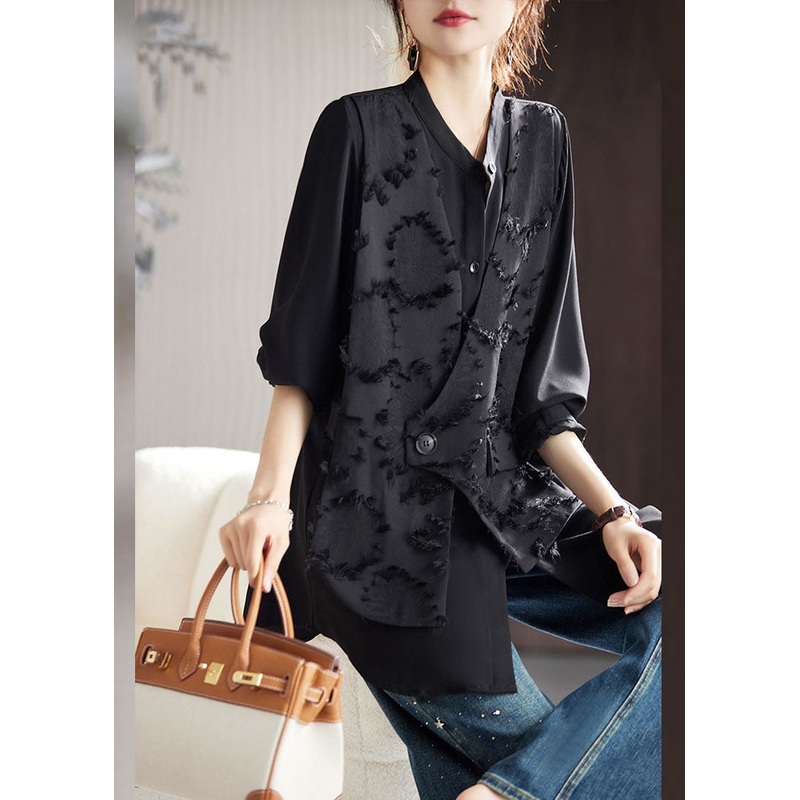 Beautiful Black O-Neck Floral Patchwork Fake Two Pieces Chiffon Top Fall