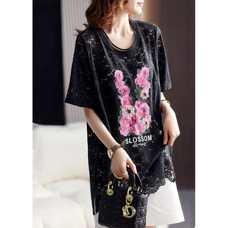 Beautiful Black O-Neck Print Hollow Out Lace Top Short Sleeve