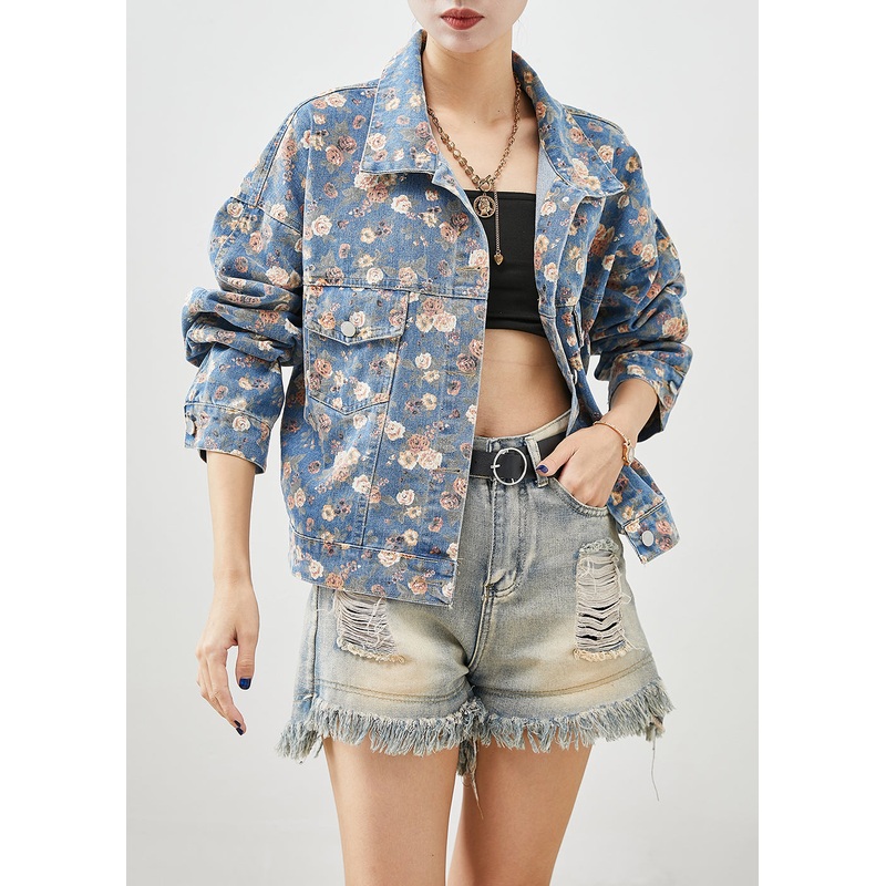 Beautiful Blue Peter Pan Collar Print Denim Coats Fall
