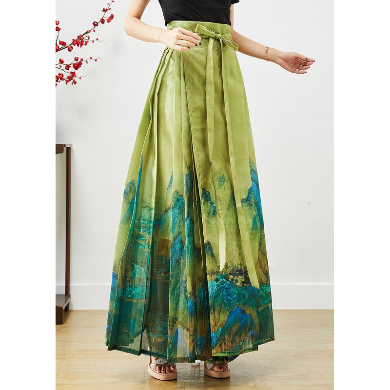 Beautiful Green High Waist Print Pleated Skirt Fall