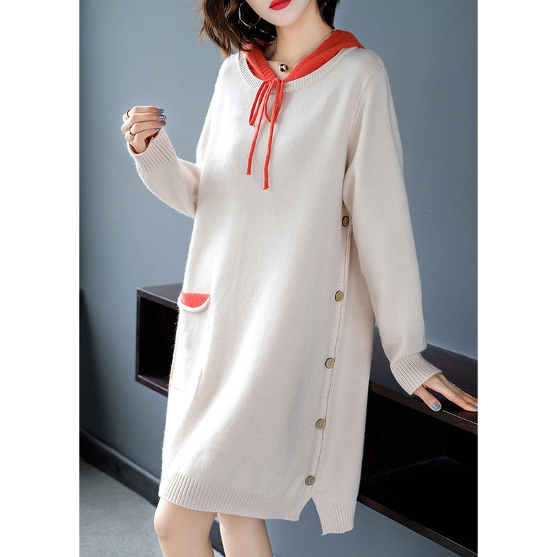 Beige Drawstring Thick Hooded Knit Woolen Sweater Dress Fall