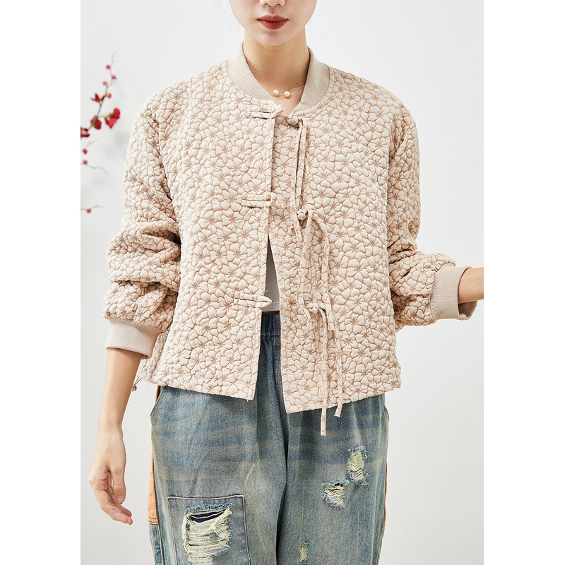 Beige Jackets Tasseled Chinese Button Drawstring Fall