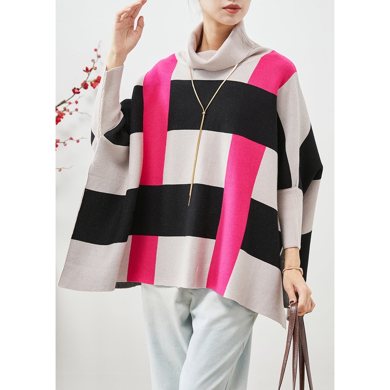 Beige Print Knit Sweaters Turtle Neck Batwing Sleeve