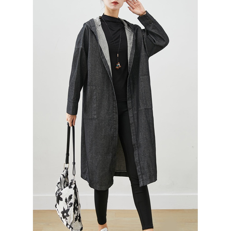 Black Oversized Denim Trench Coats Hooded Pockets Fall
