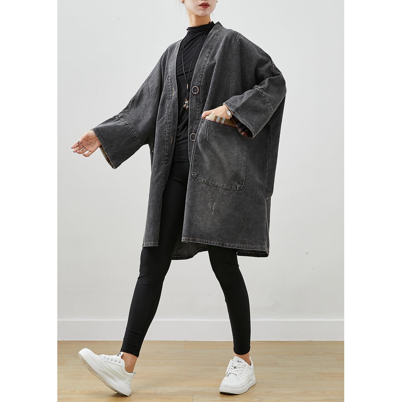 Black Patchwork Denim Trench Coat Outwear Oversized Fall