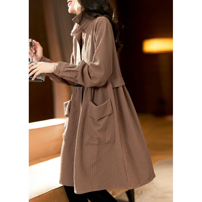Bohemian Coffee Peter Pan Collar Pockets Plaid Patchwork Long Coats Long Sleeve