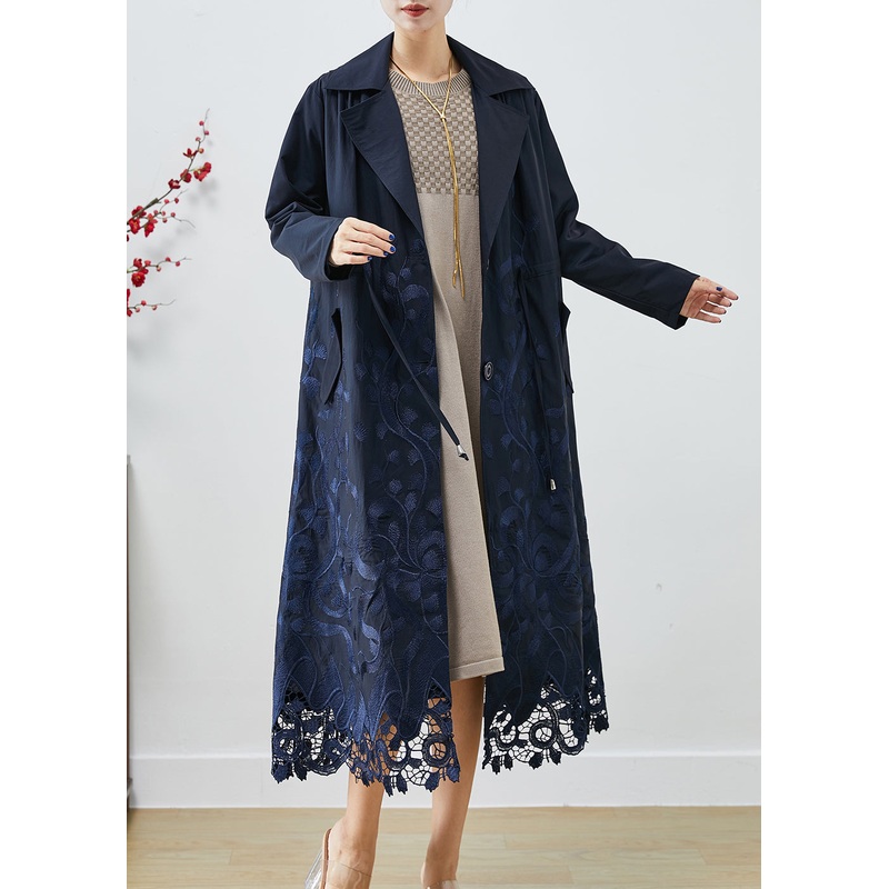 Bohemian Navy Embroideried Tie Waist Spandex Trench Coats Fall
