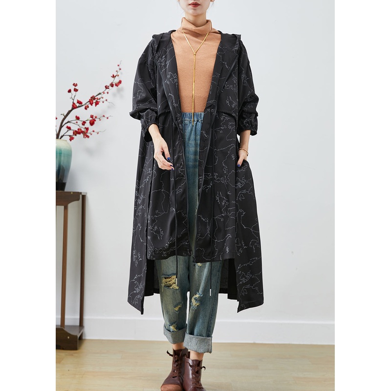 Boho Black Asymmetrical Print Drawstring Spandex Trench Coats Fall