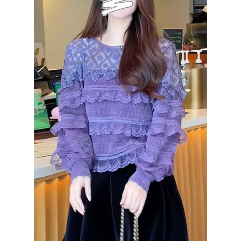 Boho Purple O-Neck Ruffled Patchwork Lace Tops Fall