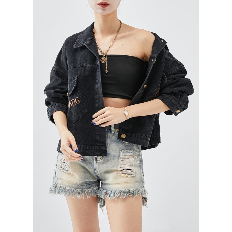 Boutique Black Embroideried Letter Butterfly Denim Jacket Fall