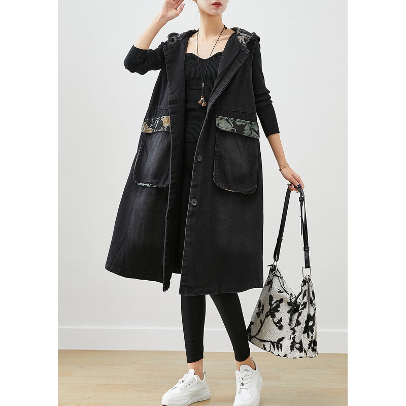 Boutique Black Hooded Patchwork Pockets Denim Vest Fall