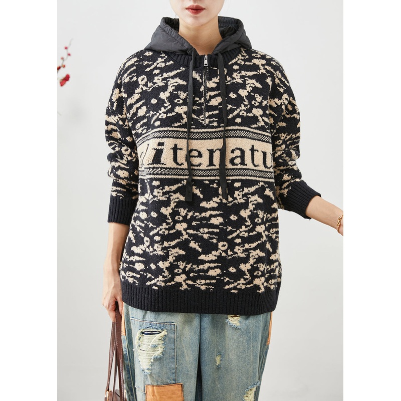 Boutique Black Hooded Patchwork Print Knit Fake Two Piece Sweatshirts Top Winter