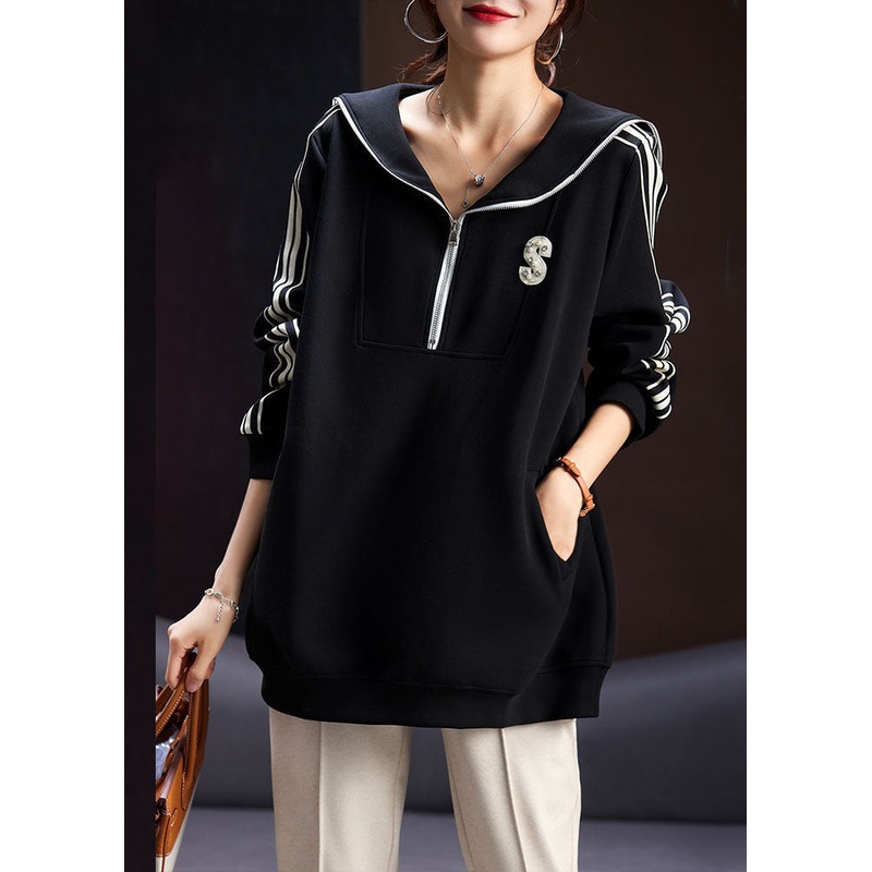 Boutique Black Peter Pan Collar Zippered Patchwork Graphic Zircon Sweatshirt Fall