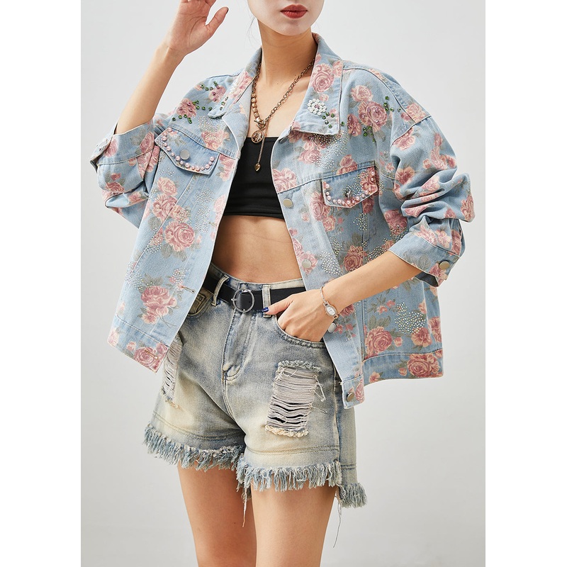 Boutique Blue Nail Bead Rose Print Denim Coats Fall