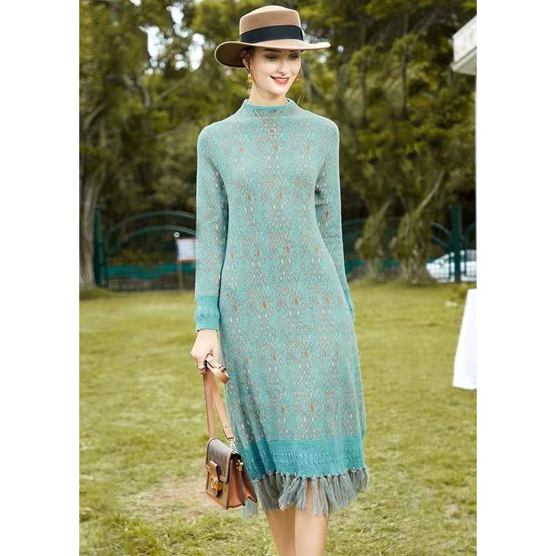 Boutique Blue Tasseled Print Patchwork Woolen Knit Dress Fall