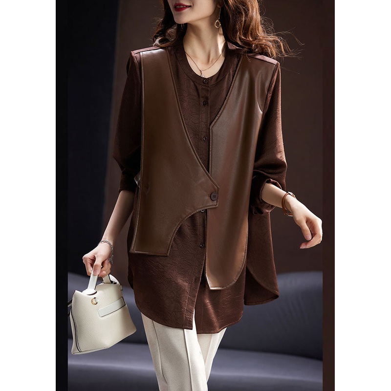 Boutique Coffee O-Neck PU Patchwork Fake Two Pieces Satin Shirt Long Sleeve
