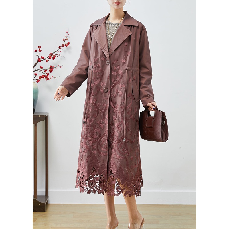 Brown Spandex Trench Coats Embroideried Tie Waist Fall