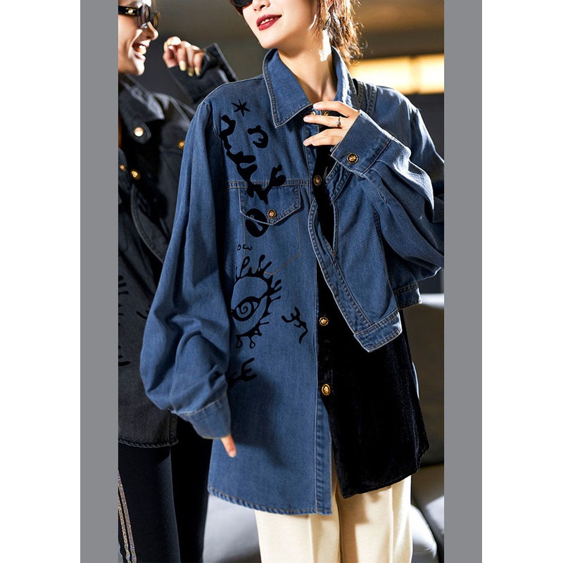 Casual Denim Blue Peter Pan Collar Asymmetrical Print Button Cotton Coats Long Sleeve