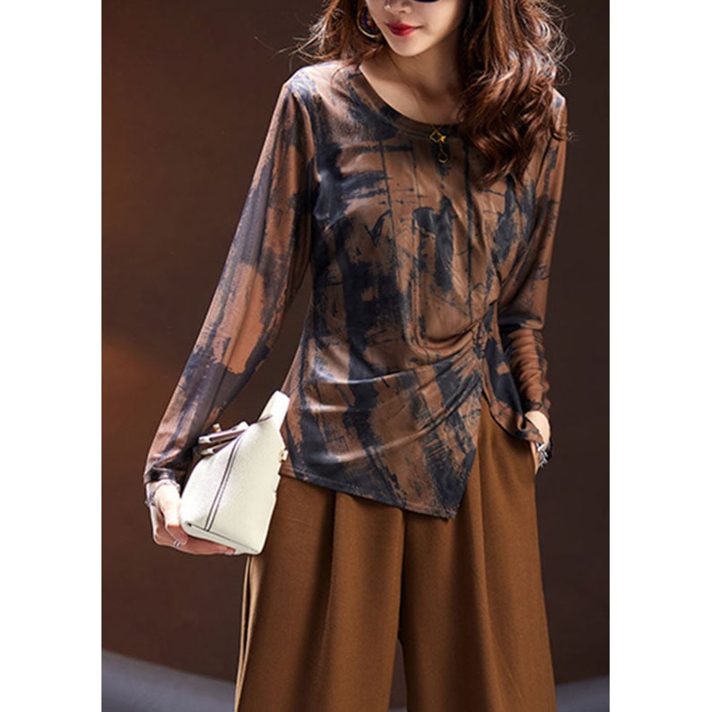 Chic Coffee Print Asymmetrical Wrinkled Top Long Sleeve