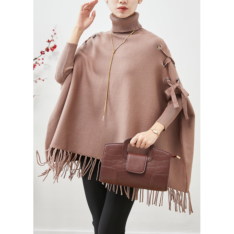 Chic Khaki High Neck Oversized Tasseled Knitted Tops Batwing Sleeve