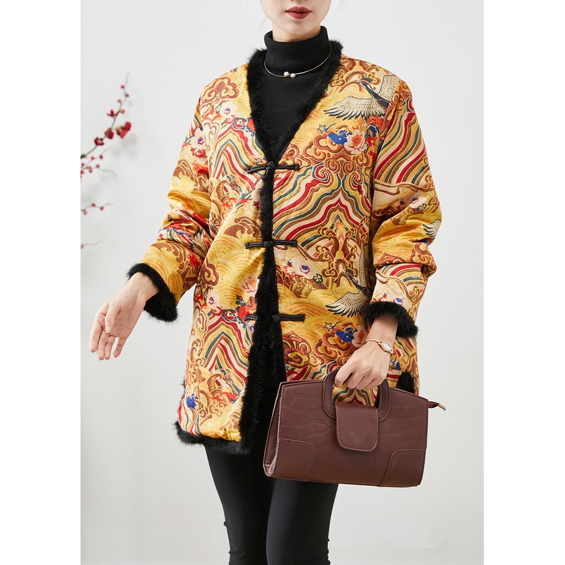 Chinese Style Yellow Print Patchwork Mink Hair Fine Cotton Filled Coats Winter