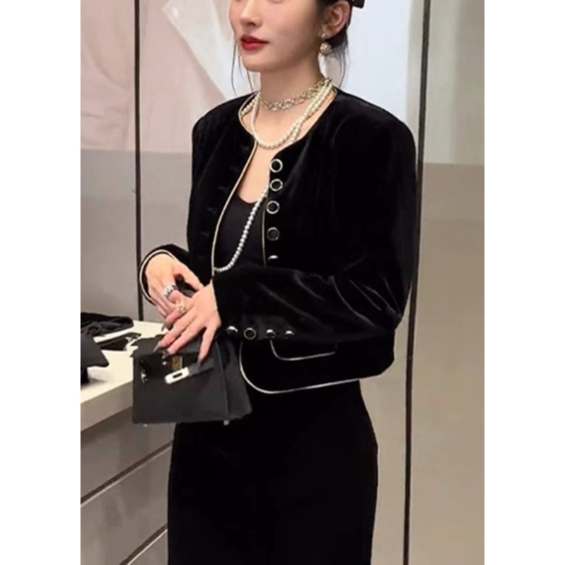 DIY Black O-Neck Button Silk Velour Coats Fall