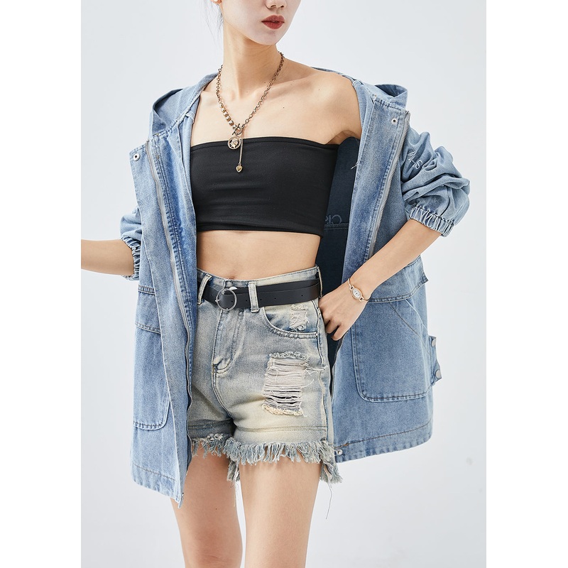 DIY Blue Hooded Letter Embroideried Denim Coat Fall
