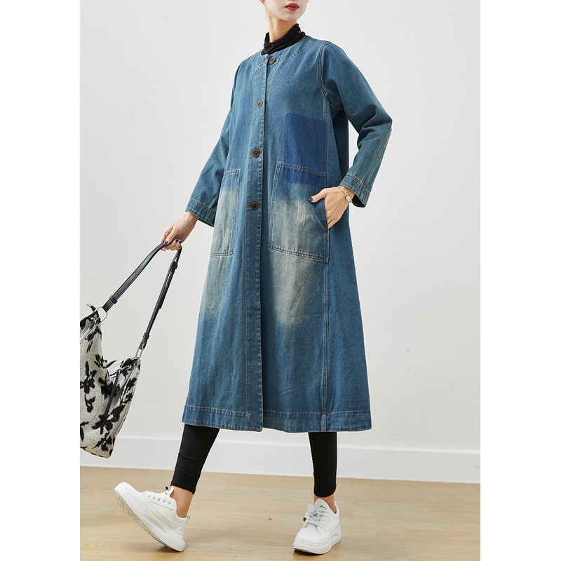 DIY Denim Blue O-Neck Pockets Cotton Trench Coat Fall