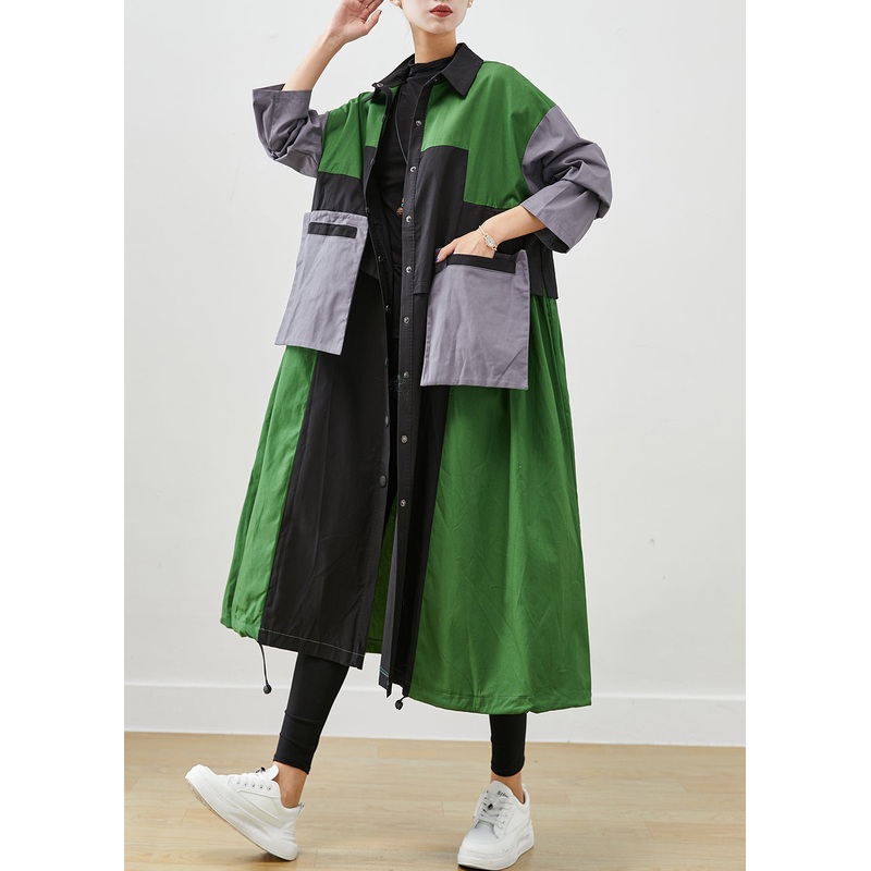 Diy Green Oversized Patchwork Pockets Cotton Coats Fall