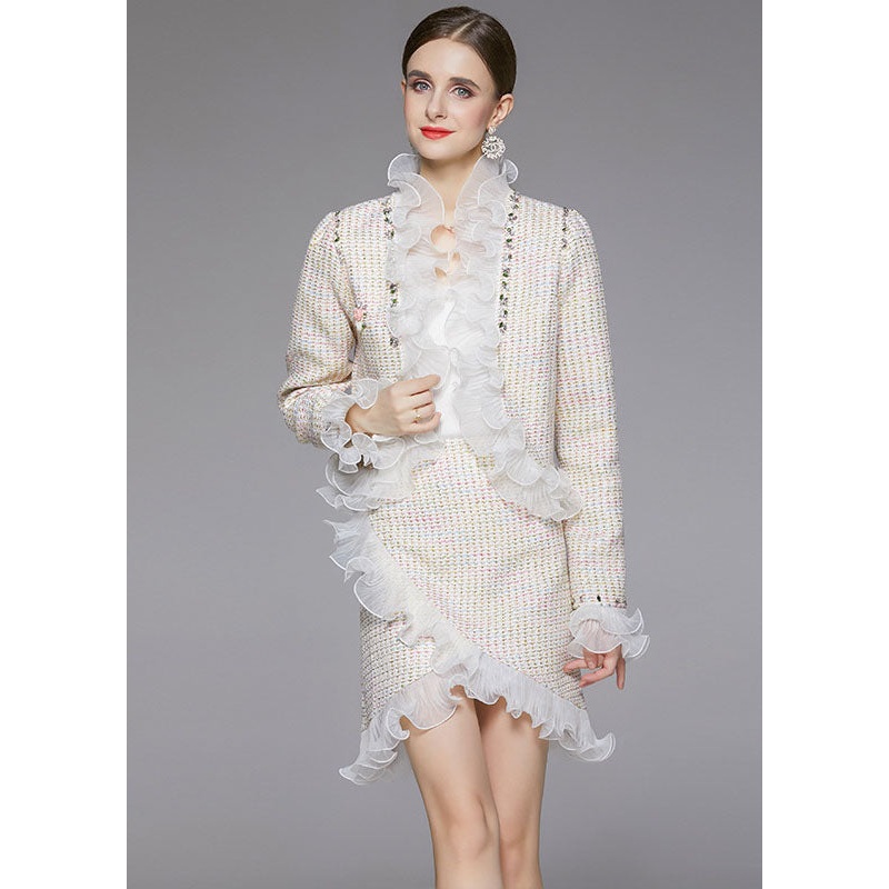 Elegant Beige Asymmetrical Patchwork Ruffles Woolen Two Piece Suit Set Fall