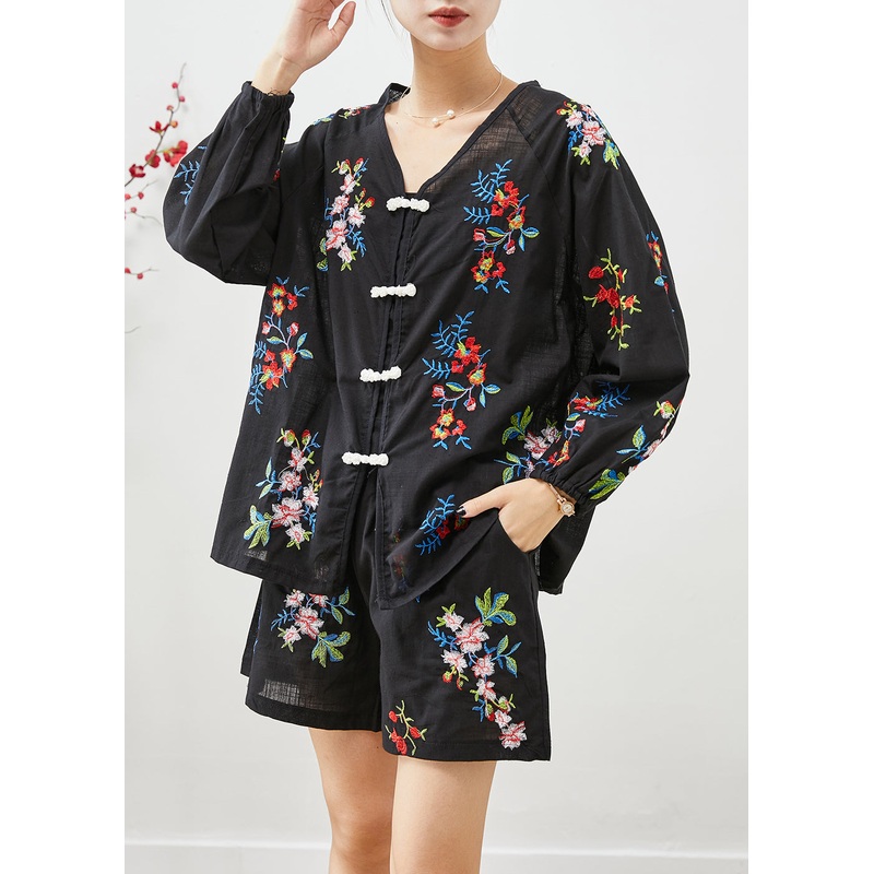 Elegant Black Embroideried Chinese Button Cotton Women Sets 2 Pieces Fall