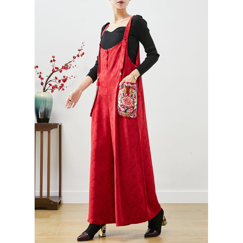 Fashion Red Embroideried Pockets Silk Jumpsuit Fall