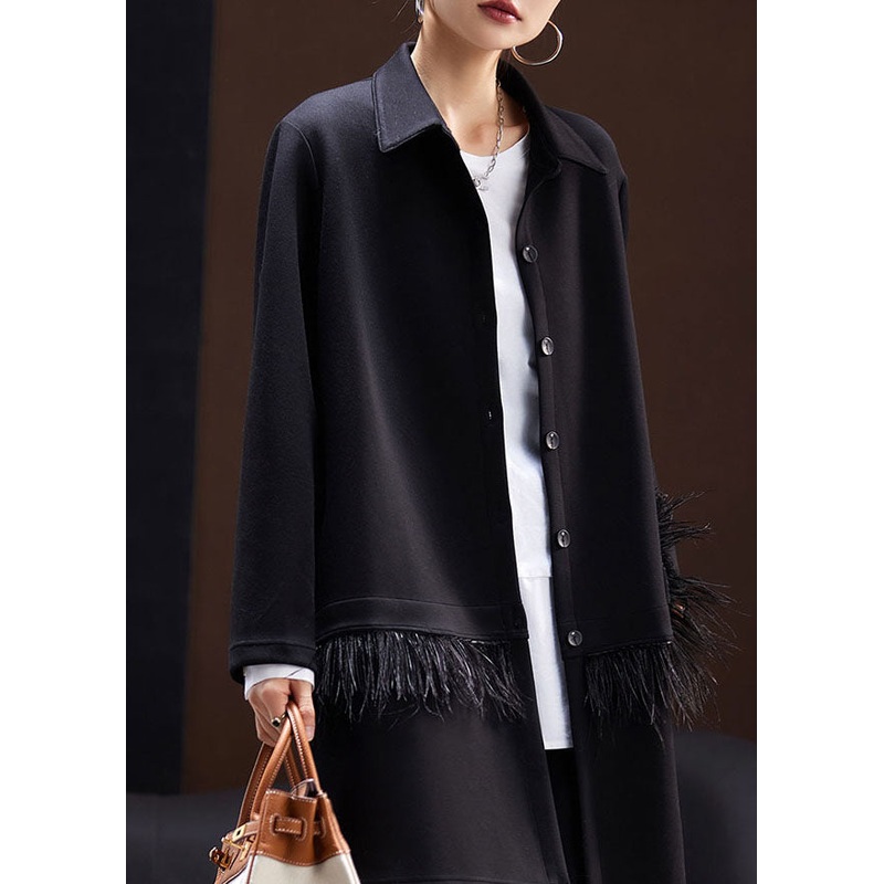 Fitted Black Peter Pan Collar Tassel Patchwork Coats Long Sleeve