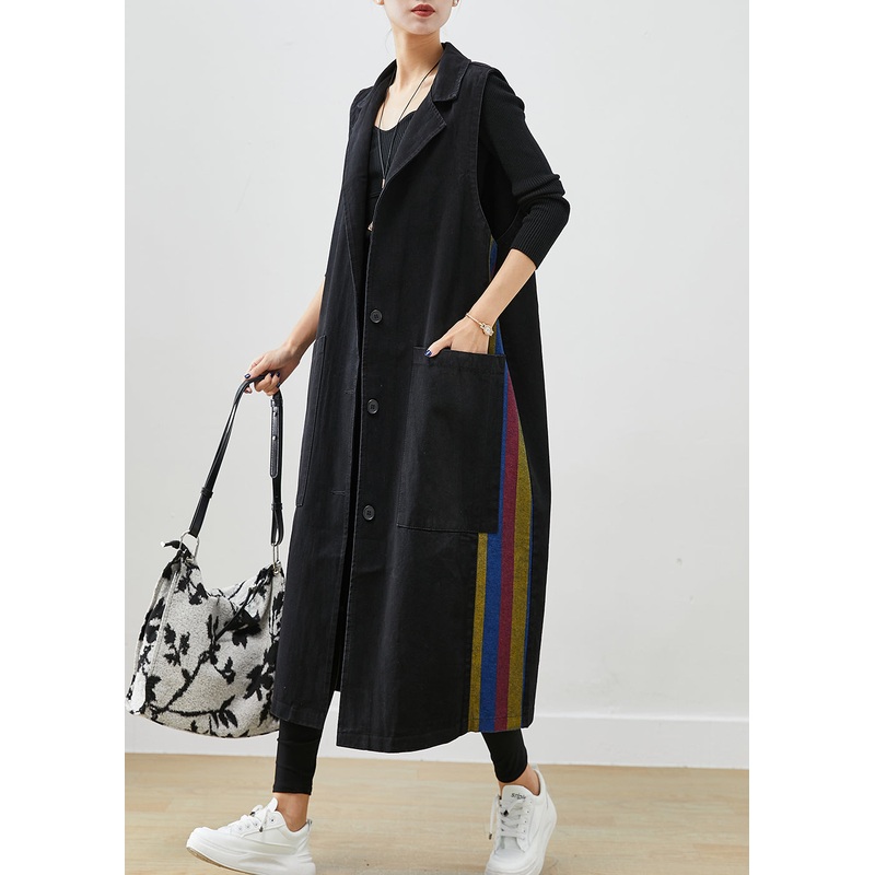 French Black Oversized Patchwork Multicolour Striped Denim Long Vests Fall