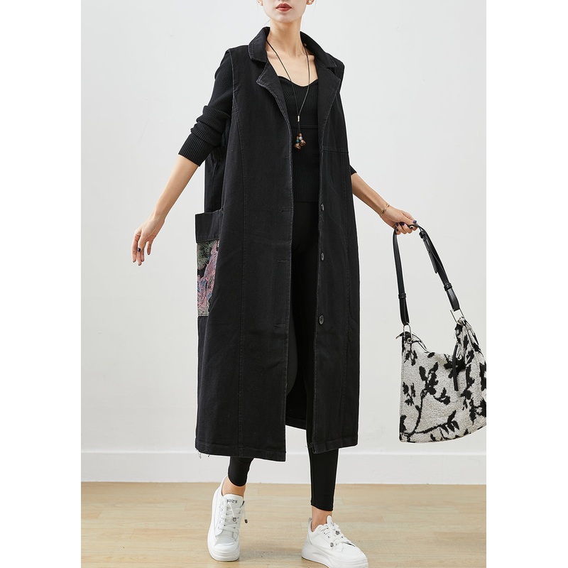 French Black Oversized Pockets Print Denim Long Vests Fall