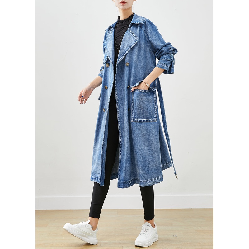 French Blue Double Breast Tie Waist Denim Trench Fall