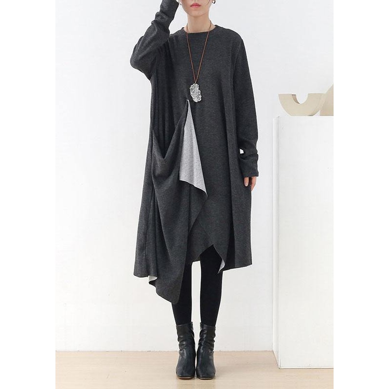 French Grey O-Neck Patchwork Fall Dress Long Sleeve