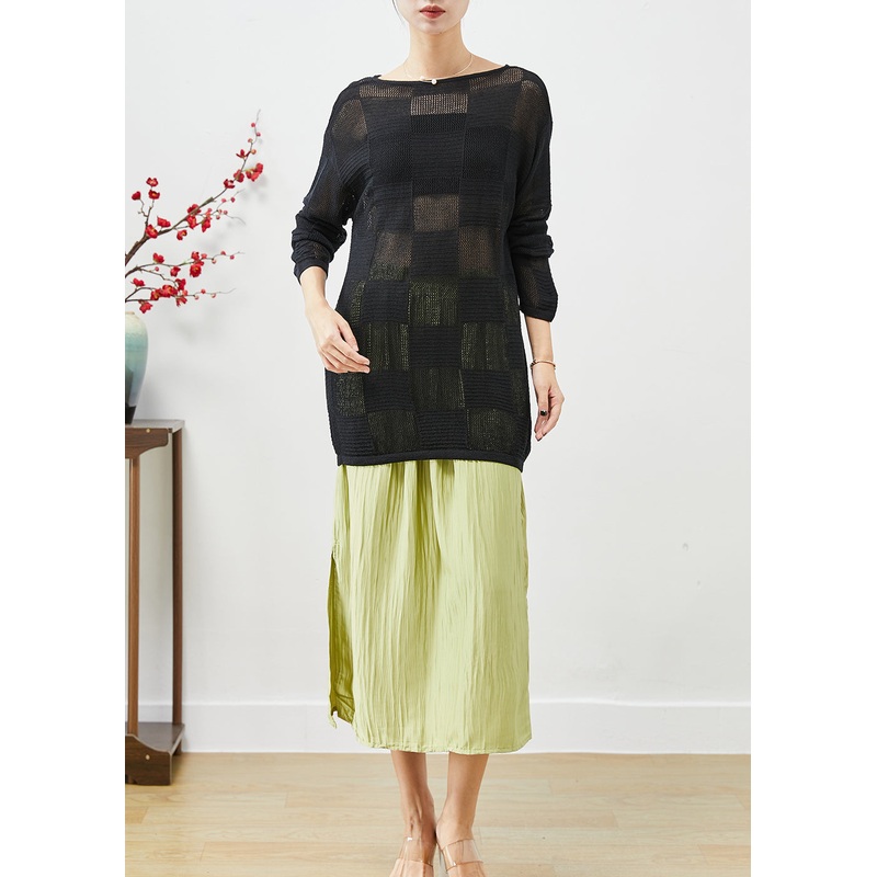 French Hollow Out Side Open Knit Tops And Skirts Two Pieces Set Fall