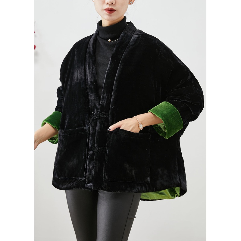 Handmade Black Chinese Button Thick Cotton Filled Silk Velour Coats Winter