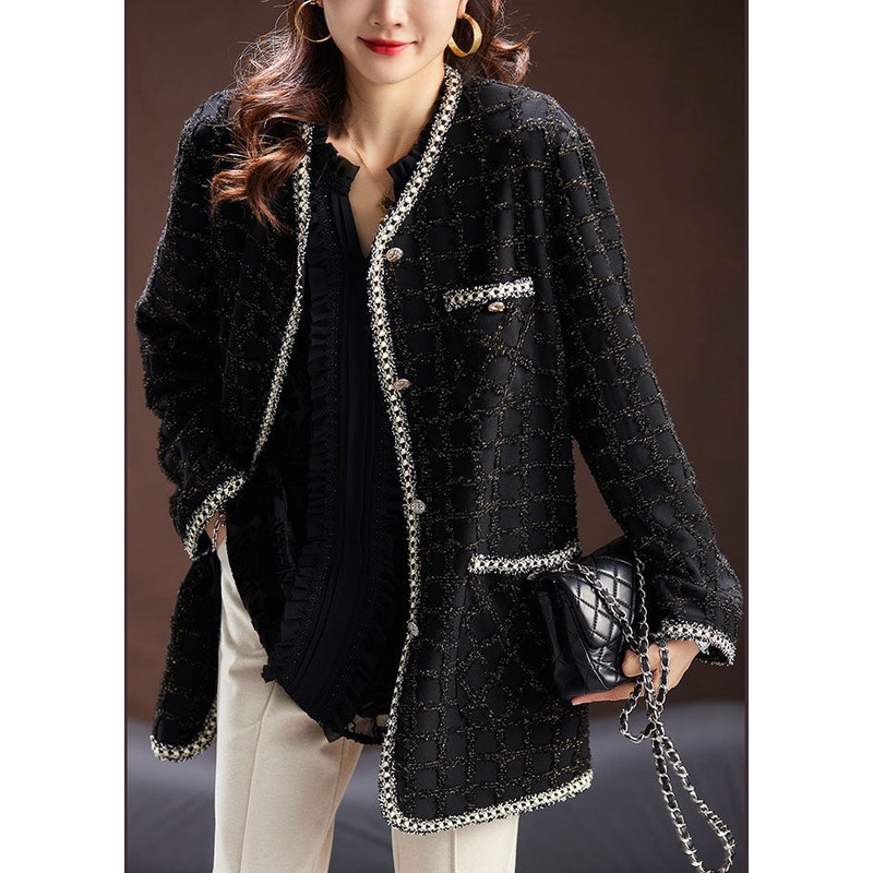 Handmade Black O-Neck Pockets Plaid Patchwork Knit Coats Long Sleeve
