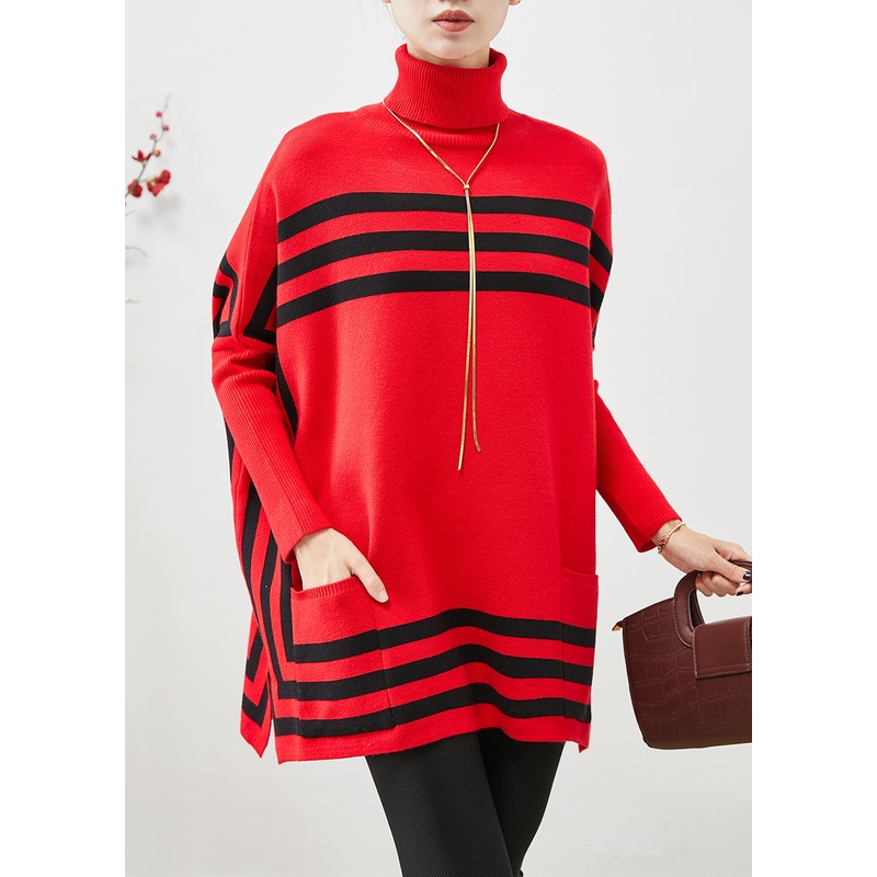 Italian Red High Neck Oversized Striped Knit Sweater Tops Fall