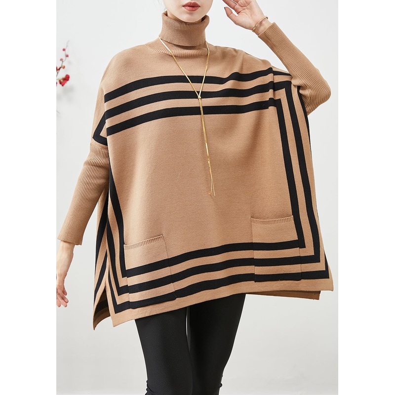 Khaki Striped Knit Top Oversized High Neck Batwing Sleeve