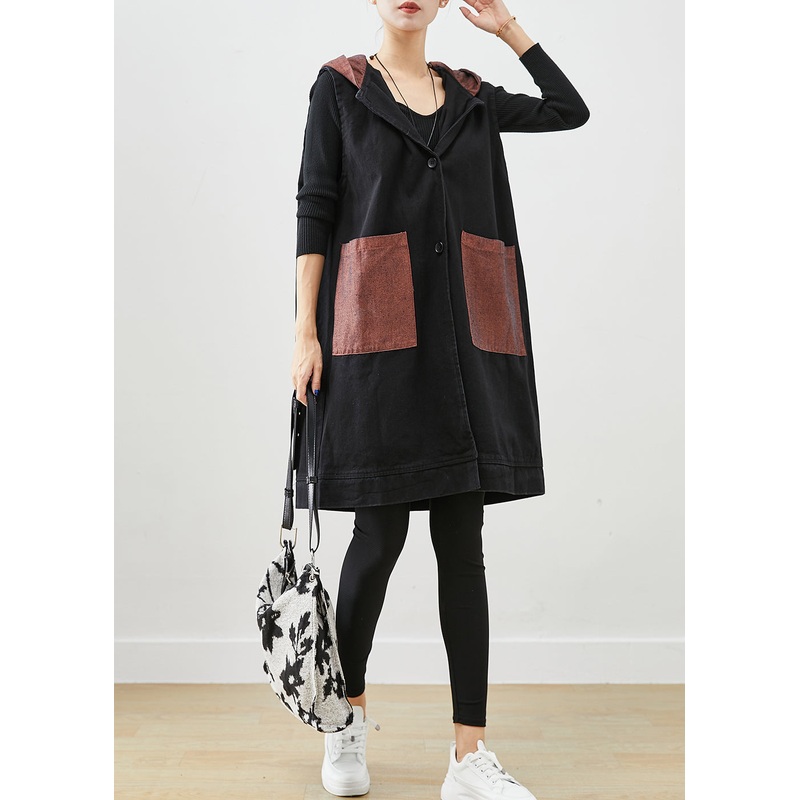 Loose Black Hooded Patchwork Girl Print Denim Vest Fall