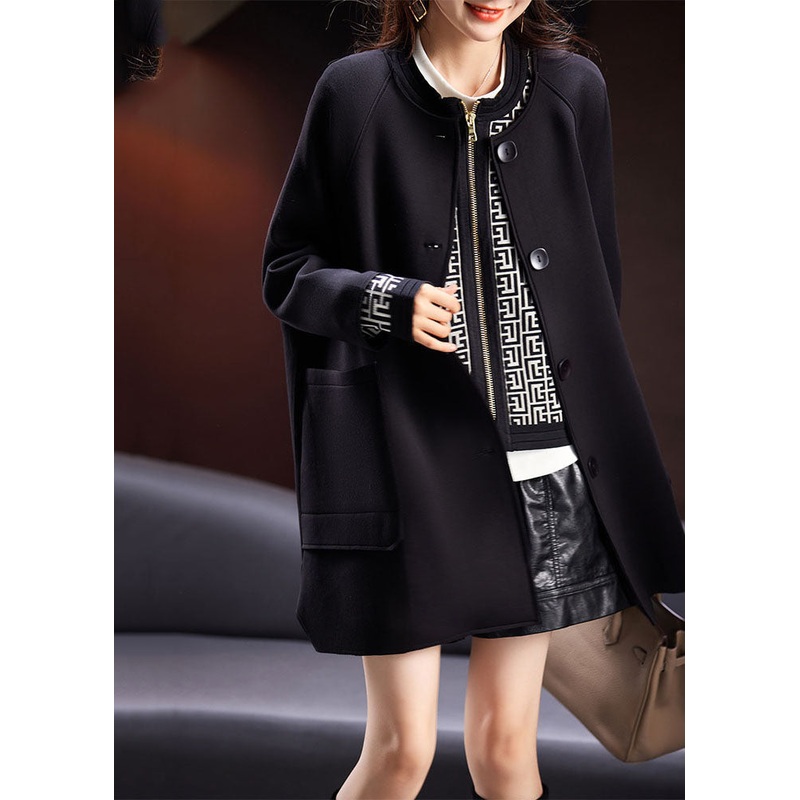 Loose Black O-Neck Pockets Button Coats Long Sleeve