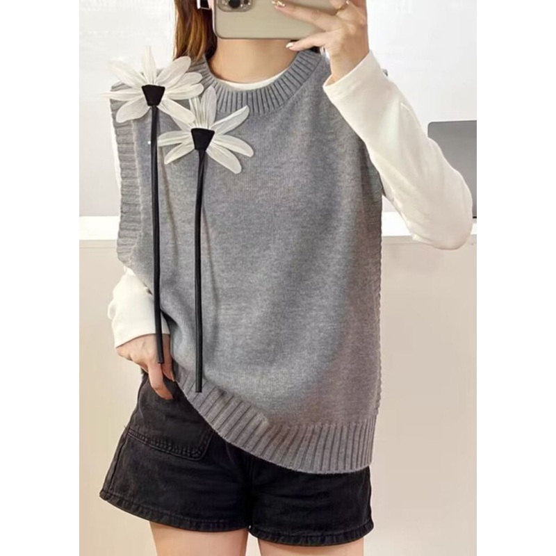 Loose Grey O-Neck Floral Knit Waistcoat Sleeveless