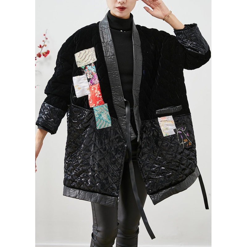Modern Black Lace Up Patchwork Silk Velour Cotton Filled Coat Winter
