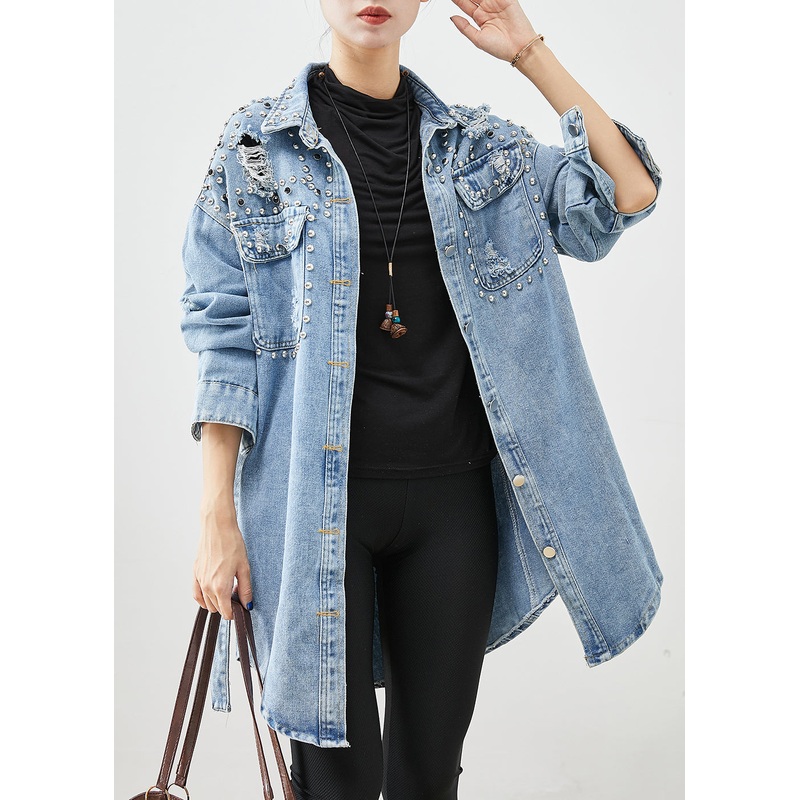 Modern Denim Blue Rivet Cotton Ripped Coats Fall