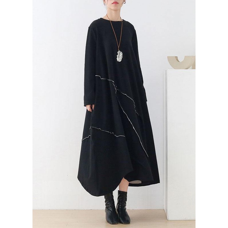 Natural Black O-Neck Patchwork Fall Knit Dress Long Sleeve
