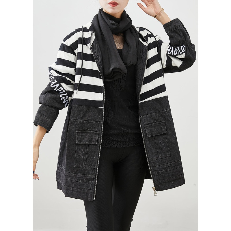 Plus Size Black Hooded Patchwork Striped Fine Cotton Filled Denim Jacket Witner